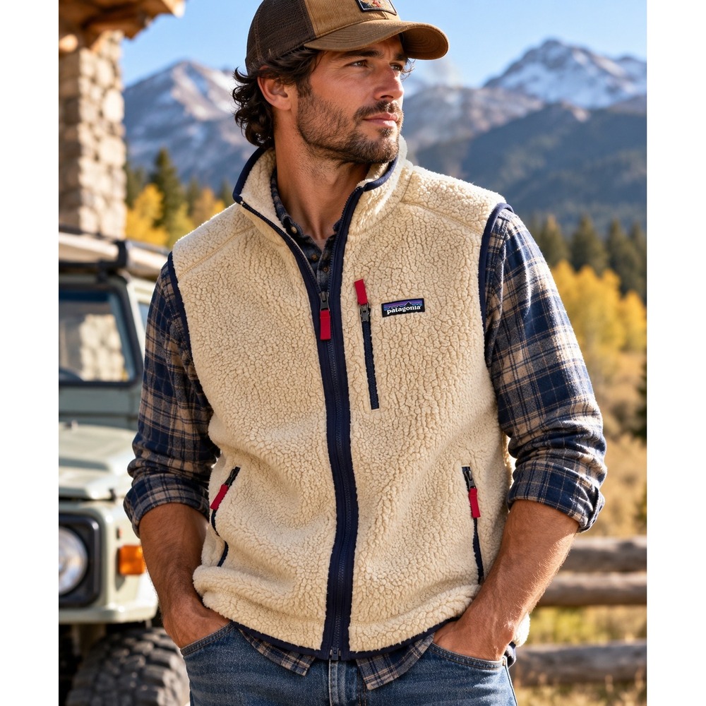 Patagonia Retro Pile Fleece Vest Men's L Cream Natural Navy Sherpa Full Zip